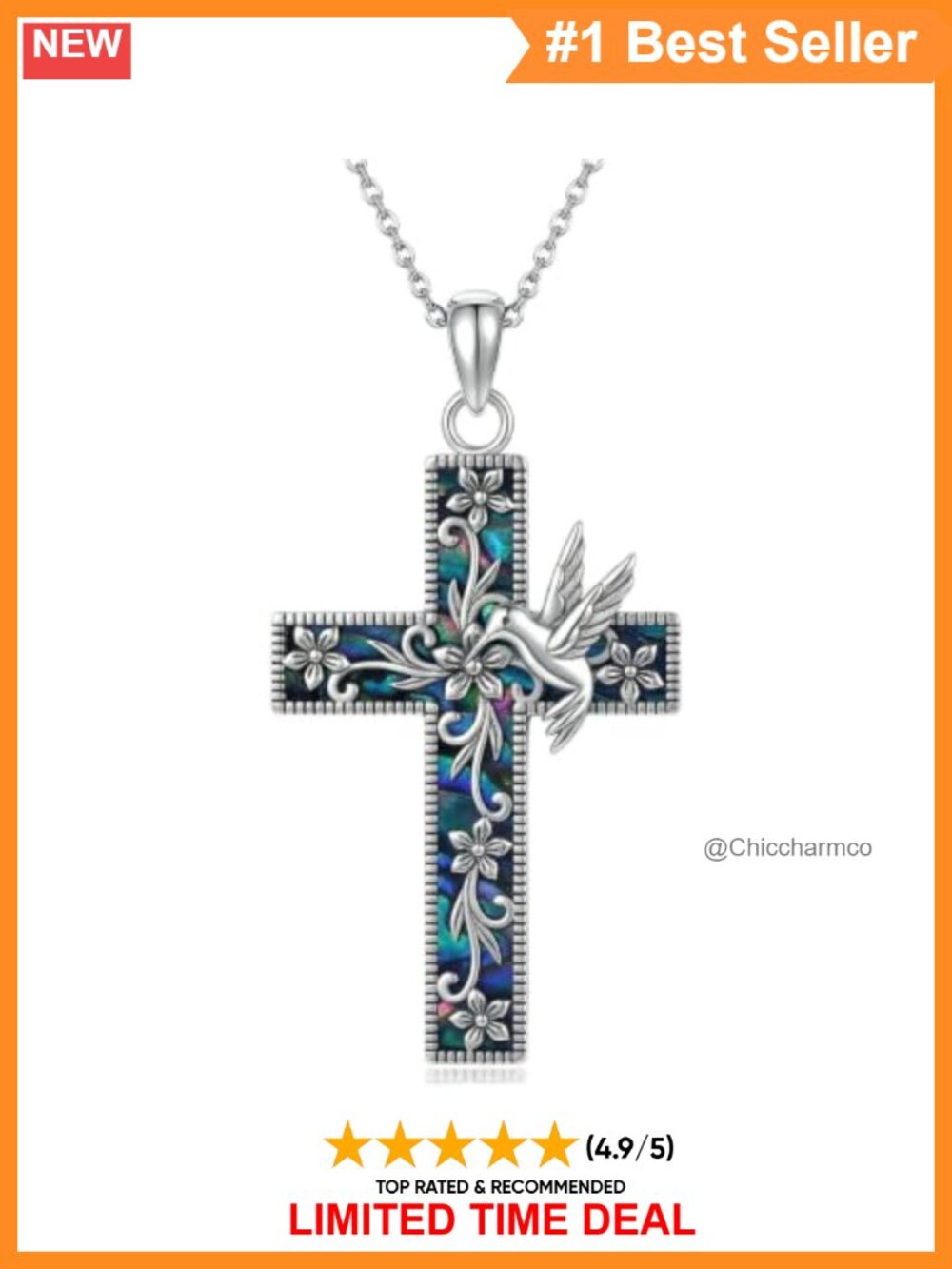 Sterling Silver Hummingbird Cross Pendant Necklace Religious Jewelry Gift